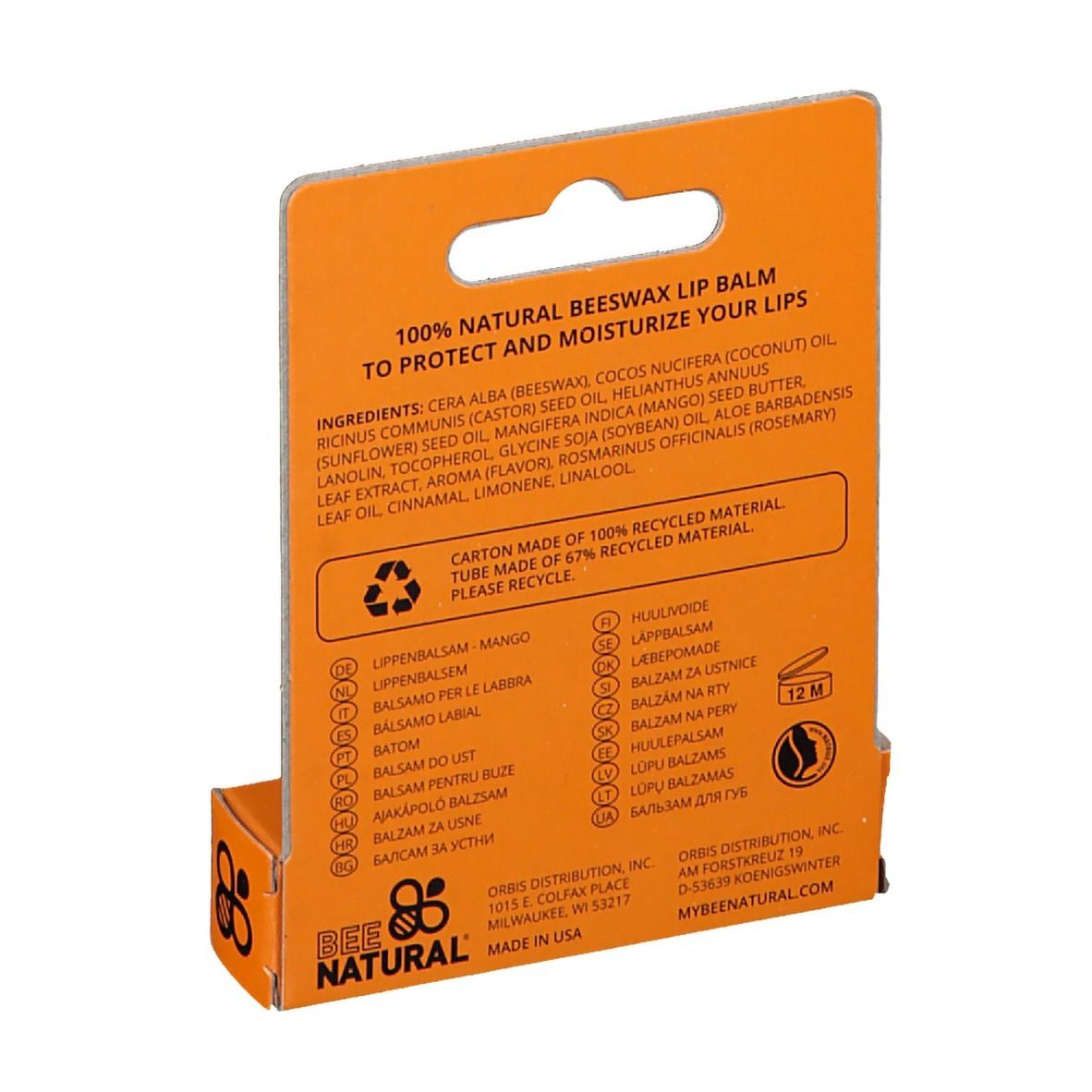 Dos de l'emballage. Liste des ingrédients, symbole de recyclage et informations sur le produit. Symbole 12M.