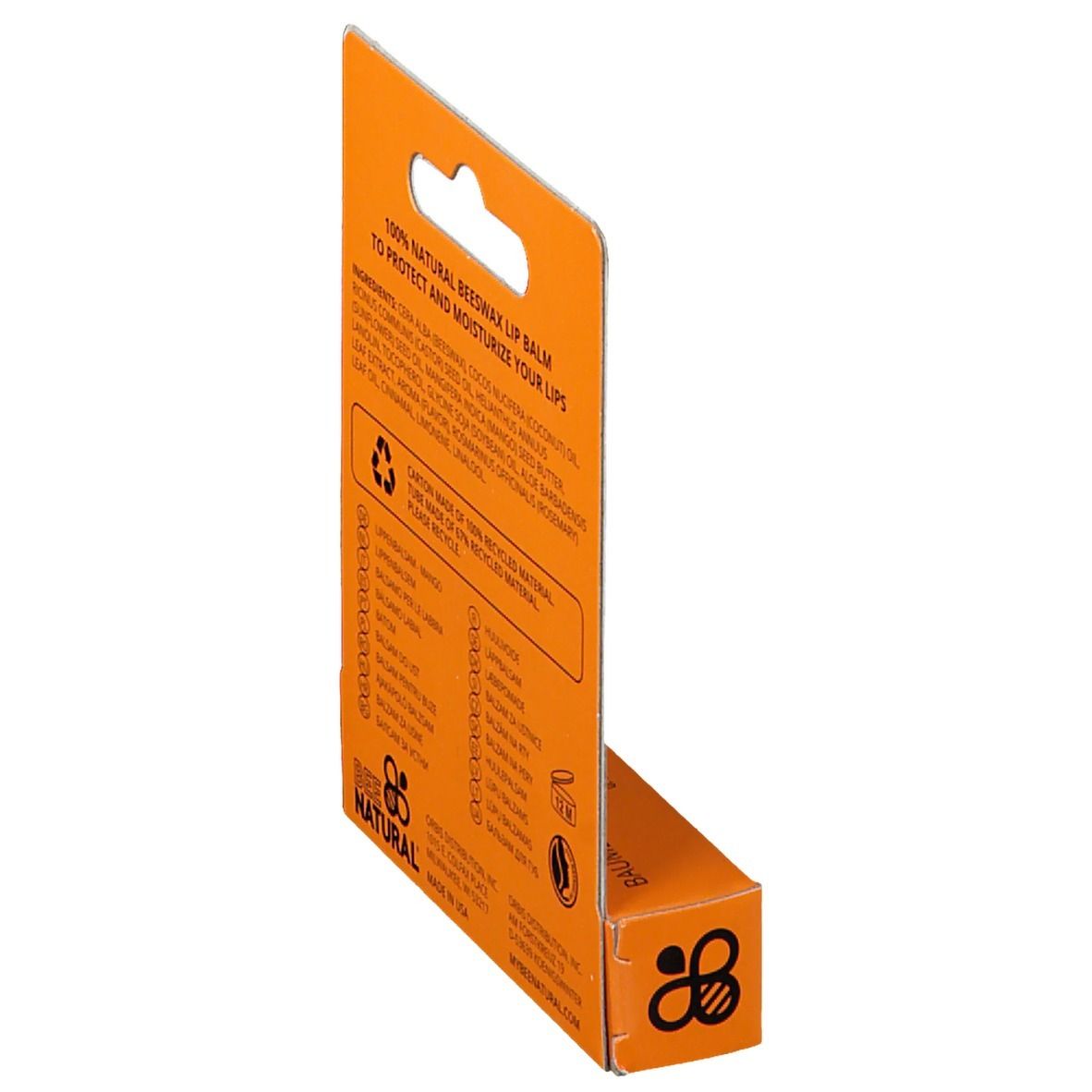 Emballage orange, dos. Liste des ingrédients et informations sur le produit. Symbole de recyclage et symbole 12M.