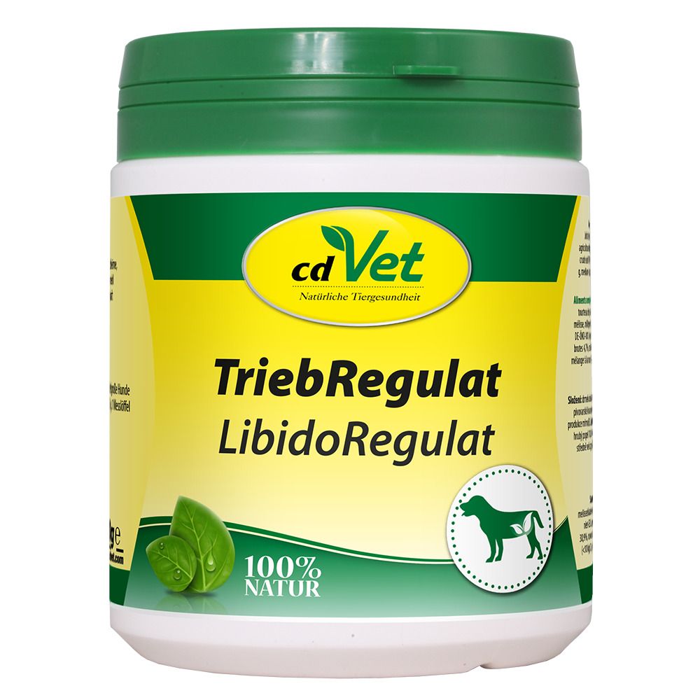 Pot blanc et couvercle vert. Sur fond jaune, "TriebRegulat LibidoRegulat" de cdVet. 100% Natur.