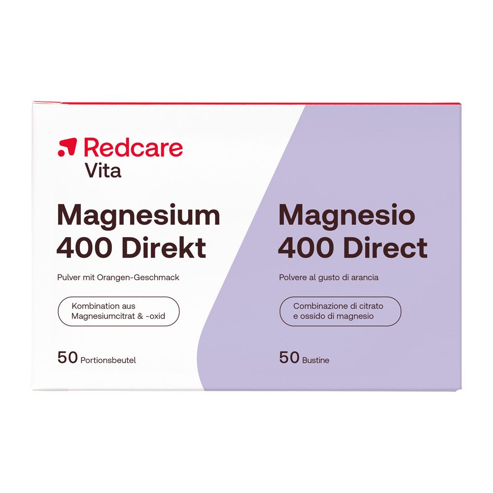 Dos de la boîte Redcare Magnesium 400 Direkt. Texte en allemand, italien et français.