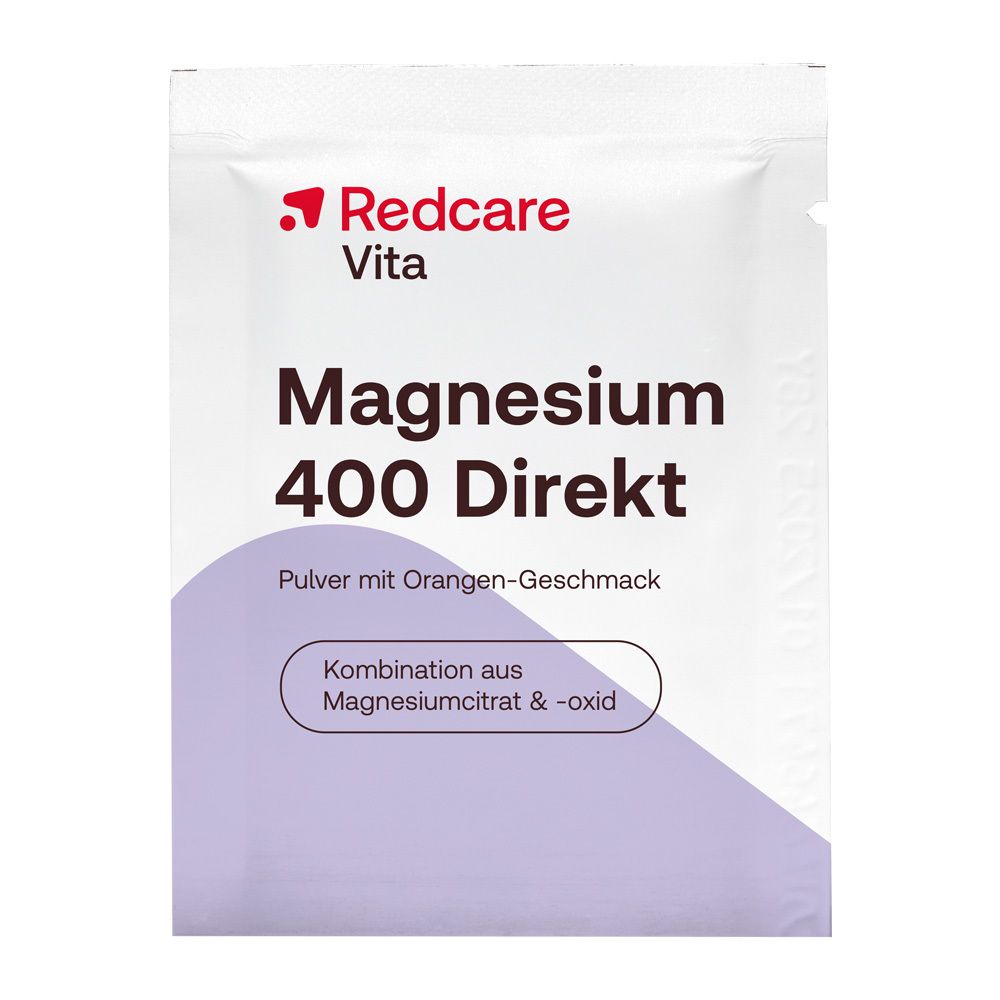 Dos de la boîte Redcare Magnesium 400 Direkt. Texte en allemand et italien.