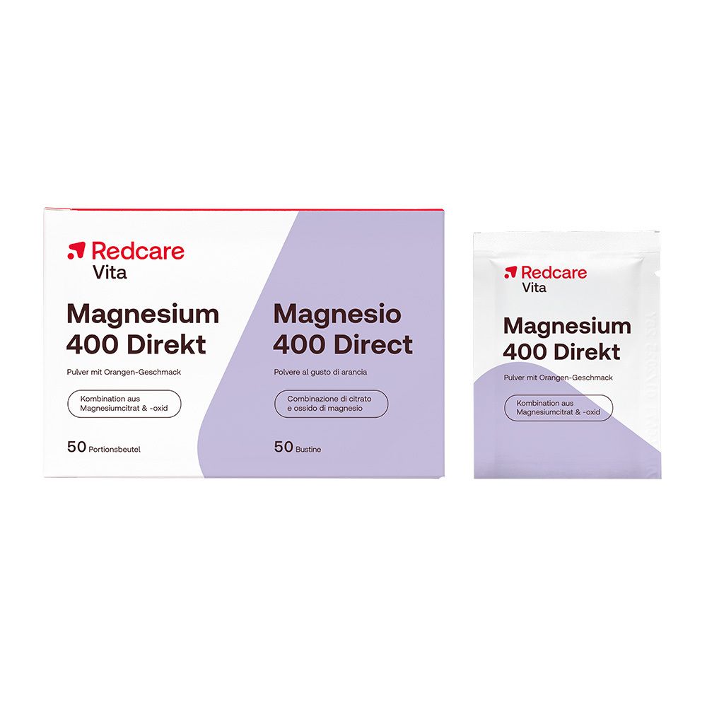 Boîte Redcare Magnesium 400 Direkt. Contient 50 sachets, 125g. Texte en allemand et italien.