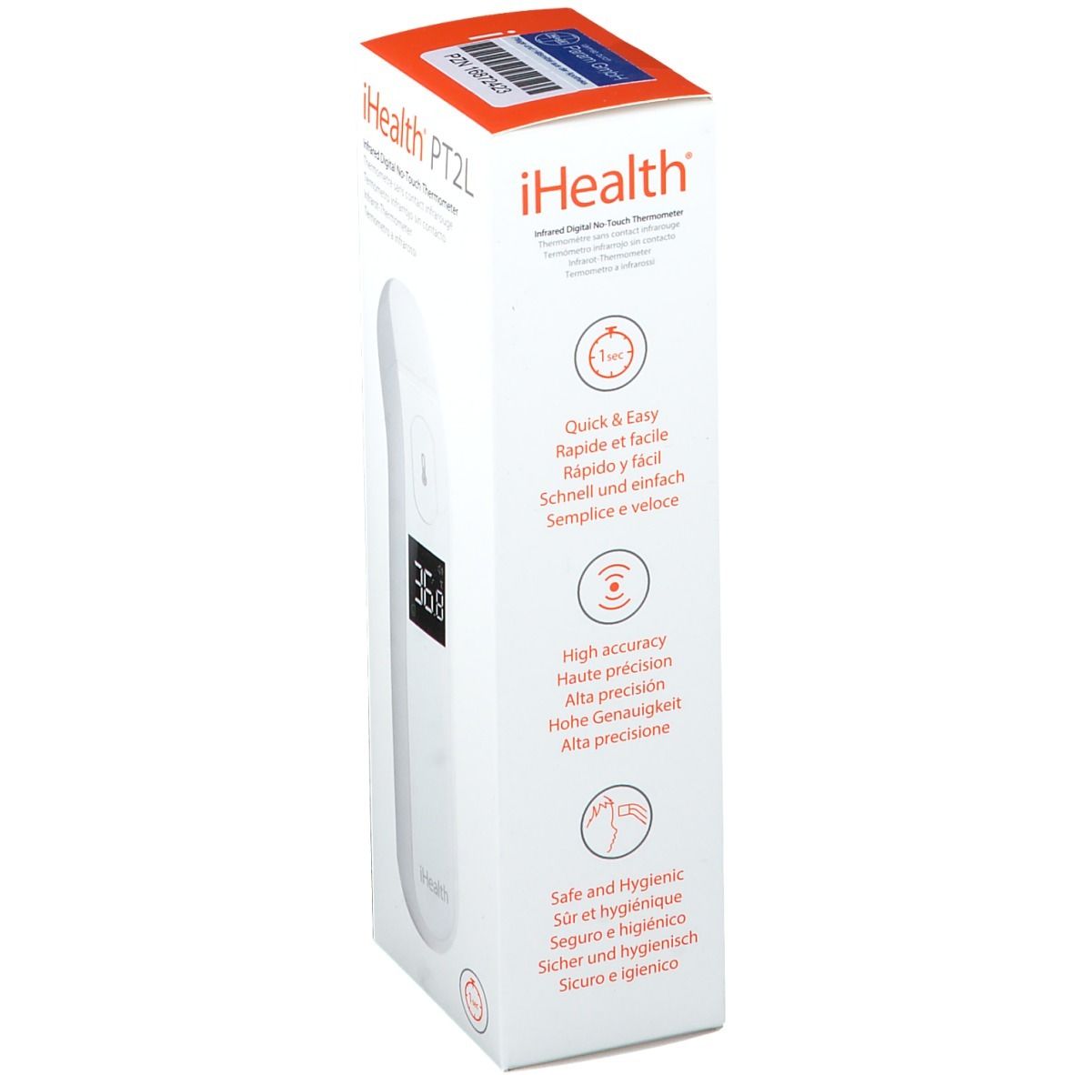 Emballage du thermomètre infrarouge iHealth PT2L. Texte : Rapide & Facile, Haute précision, Sûr & Hygiénique. Logo iHealth.