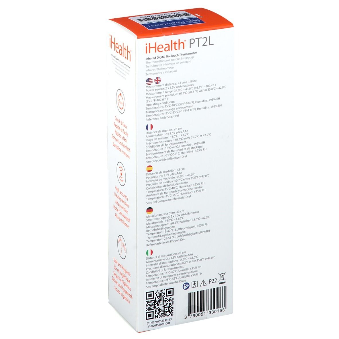 Dos de l'emballage iHealth PT2L. Texte multilingue. Code QR et spécifications techniques. Logo iHealth.