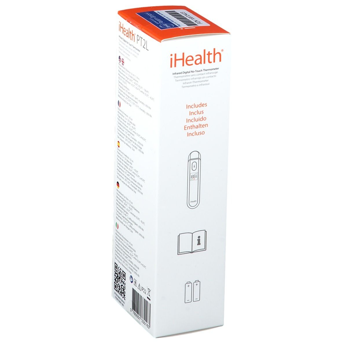 Emballage iHealth PT2L. Illustrations du thermomètre, du manuel et des piles. Logo iHealth.