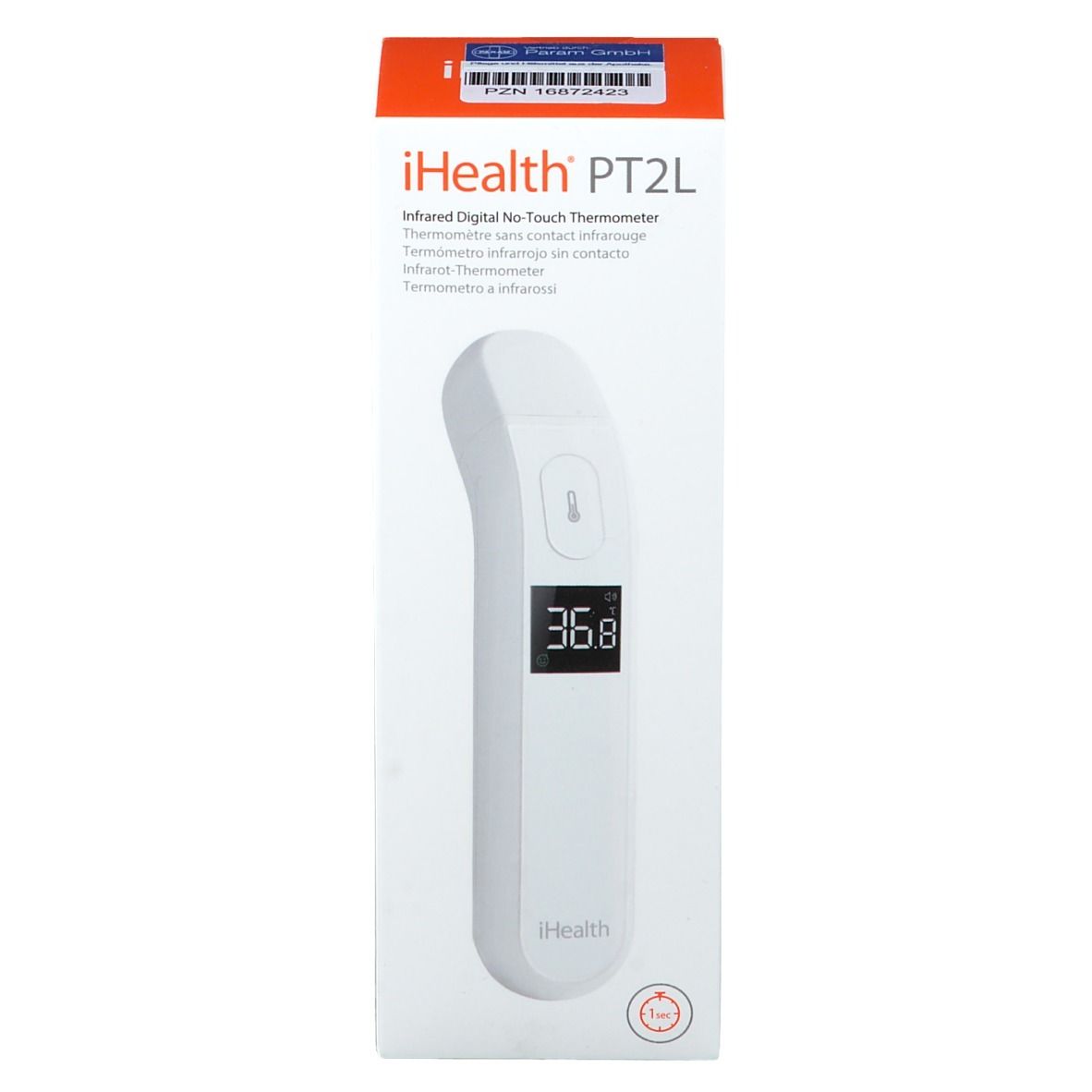 Thermomètre infrarouge iHealth PT2L dans son emballage. Appareil blanc avec écran. Affichage de la température 36,8. Logo iHealth.