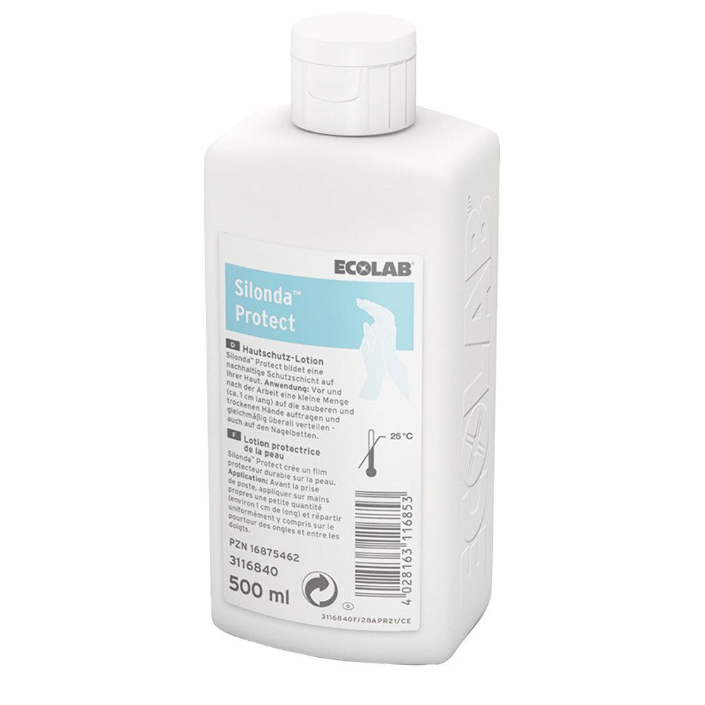 Flacon blanc avec bouchon rabattable. Étiquette avec nom du produit Silonda™ Protect et logo ECOLAB. Code-barres et texte.