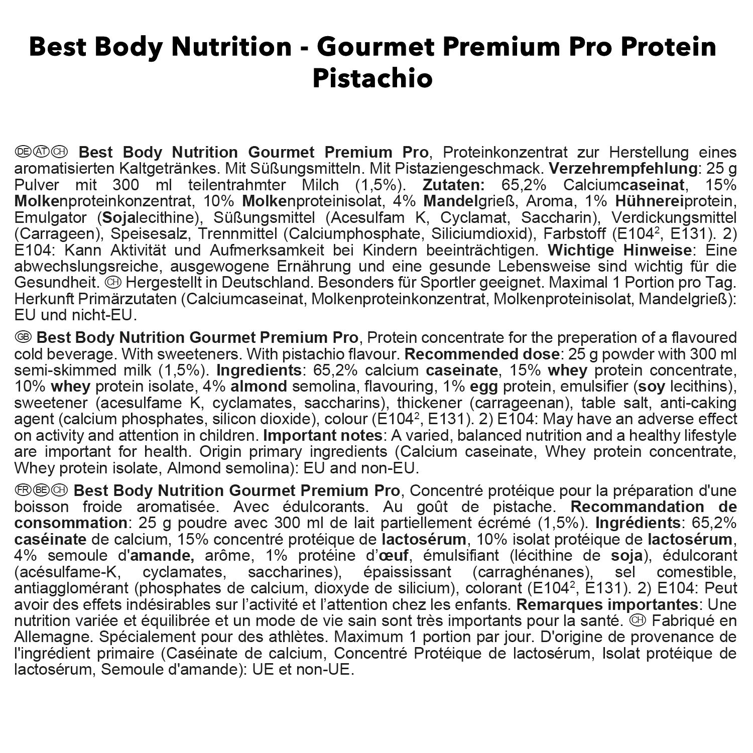 Best Body Nutrition Gourmet Premium Pro Protein - Pistache Poudre