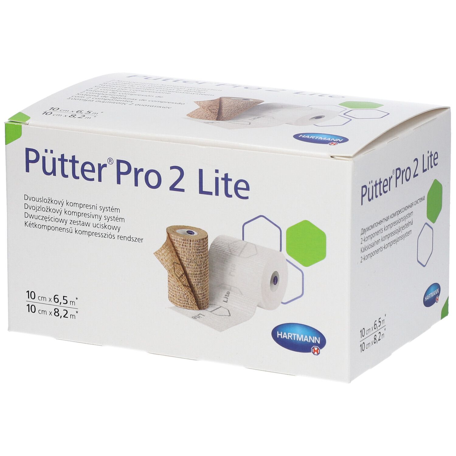 Boîte de bandage compressif Pütter Pro 2 Lite. Deux rouleaux, un beige, un blanc. Logo Hartmann.