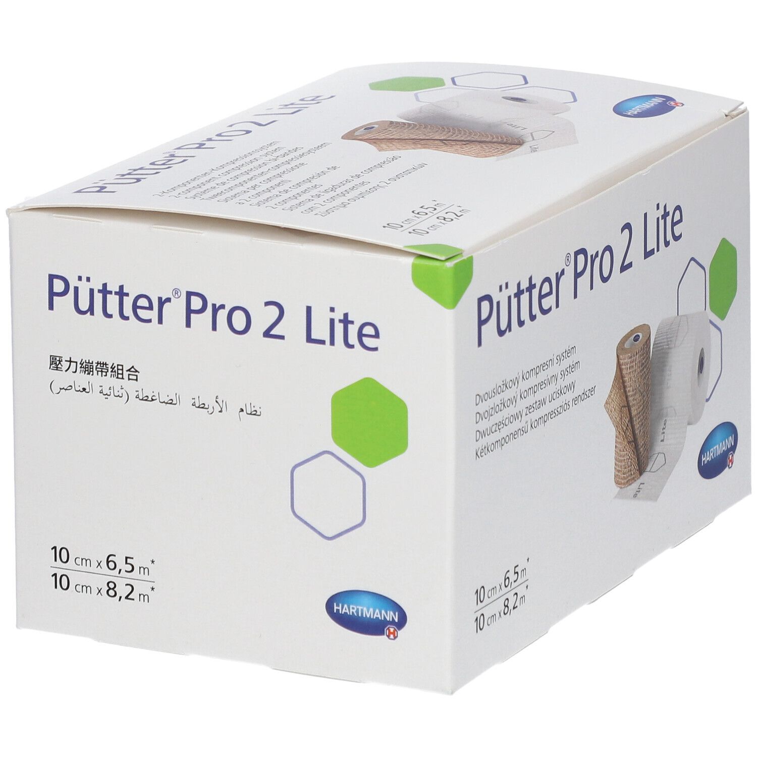 Boîte de bandage compressif Pütter Pro 2 Lite. Deux rouleaux, un beige, un blanc. Logo Hartmann.