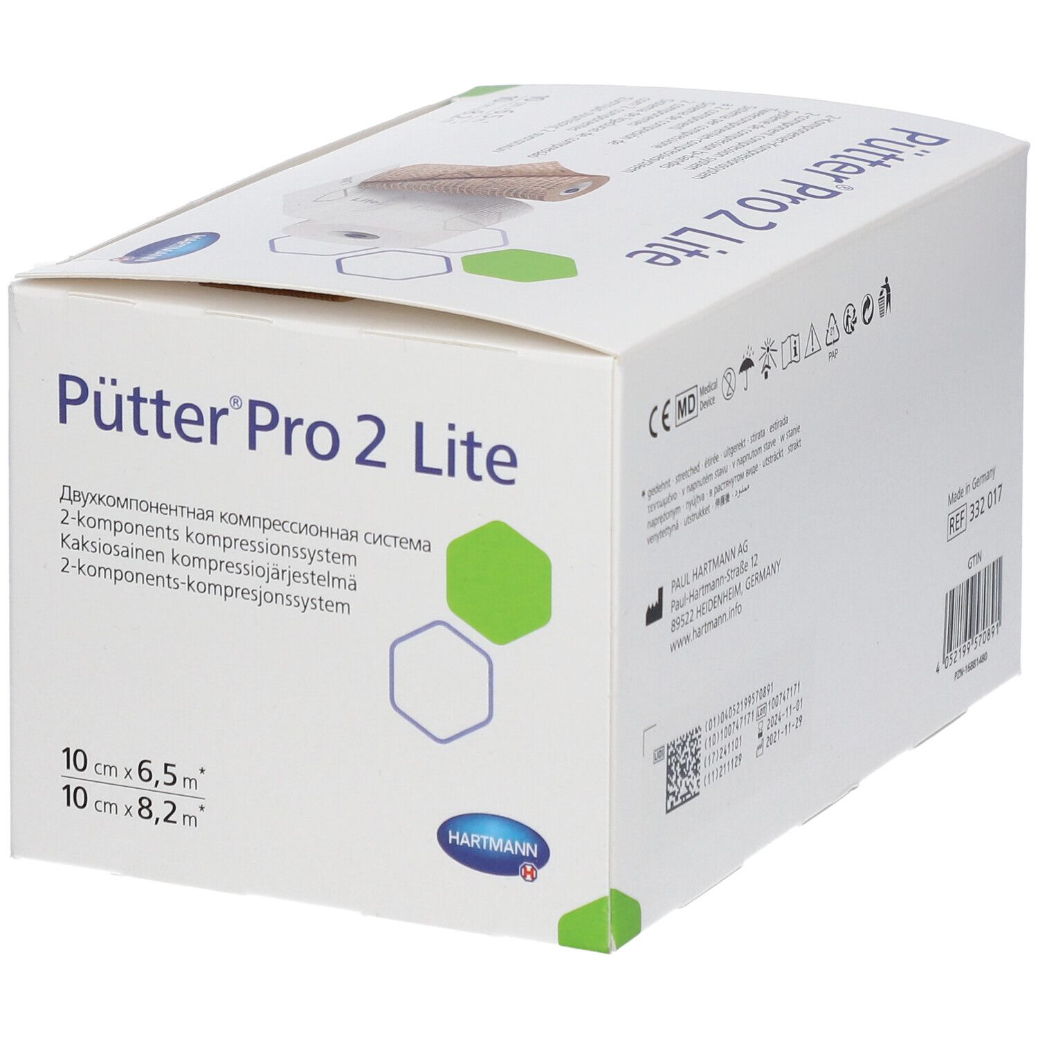 Boîte de bandage compressif Pütter Pro 2 Lite. Deux rouleaux, un beige, un blanc. Logo Hartmann.