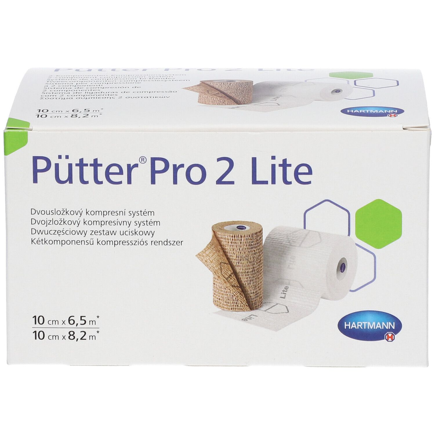 Boîte de bandage compressif Pütter Pro 2 Lite. Deux rouleaux, un beige, un blanc. Logo Hartmann.
