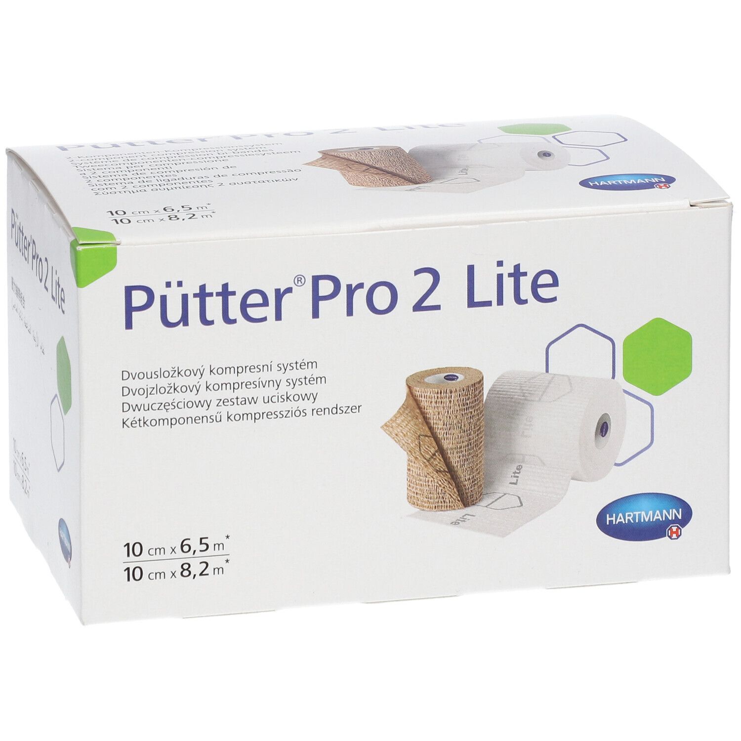 Boîte de bandage compressif Pütter Pro 2 Lite. Deux rouleaux, un beige, un blanc. Logo Hartmann.