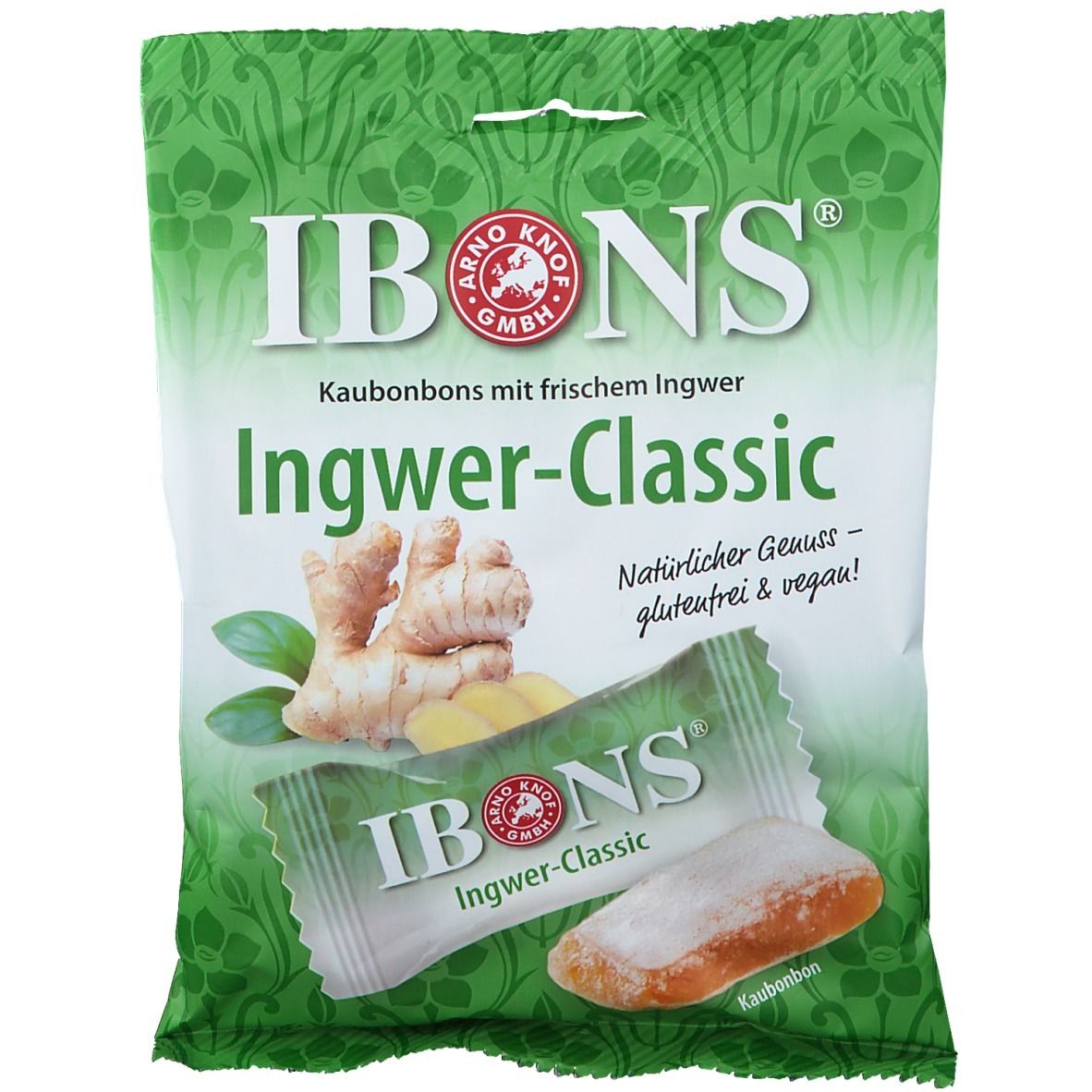 Emballage vert avec "IBONS Ingwer-Classic". Illustration de gingembre et d'un bonbon. Texte : "Kaufbonbons mit frischem Ingwer".
