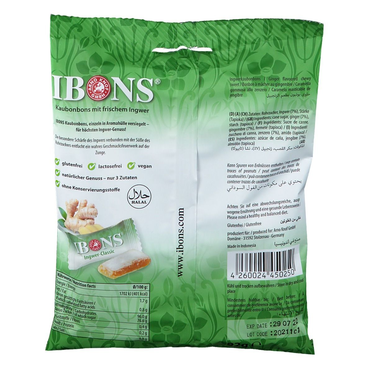 Dos de l'emballage vert avec texte et informations nutritionnelles. Logo "IBONS". Texte : "Kaufbonbons mit frischem Ingwer". Certification Halal.