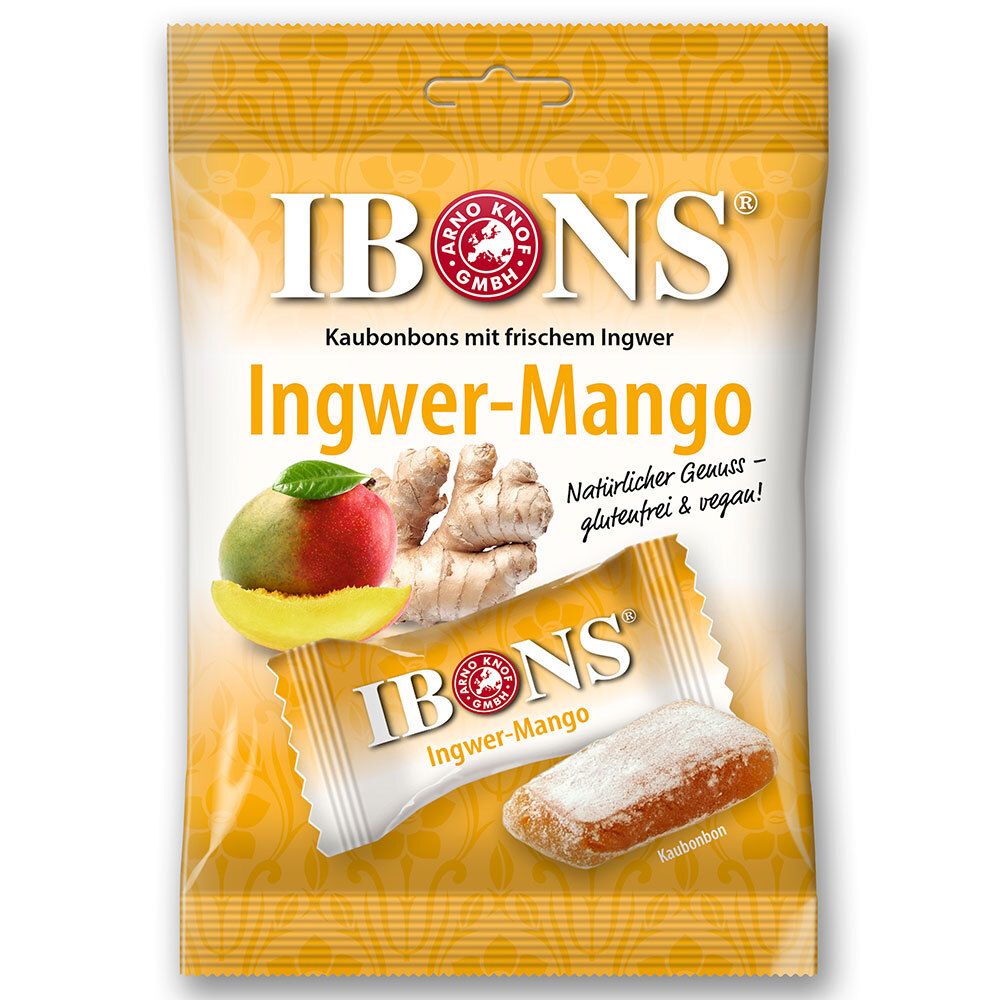 Emballage IBONS bonbons à mâcher Gingembre-Mangue avec image de mangue, gingembre et un bonbon.