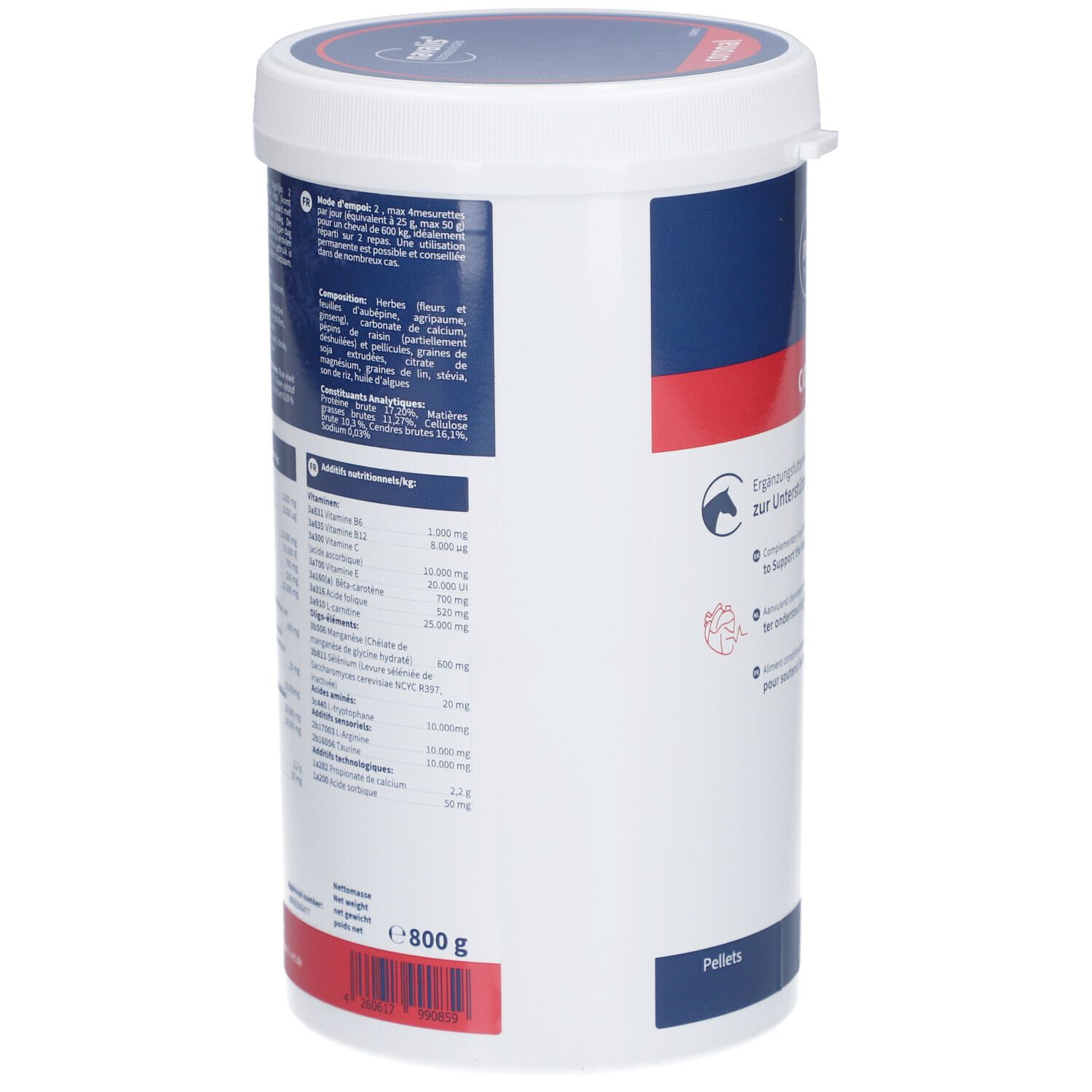 Boîte blanche et bleue. Dos avec ingrédients et informations nutritionnelles. Poids : 800 g. Texte en plusieurs langues.