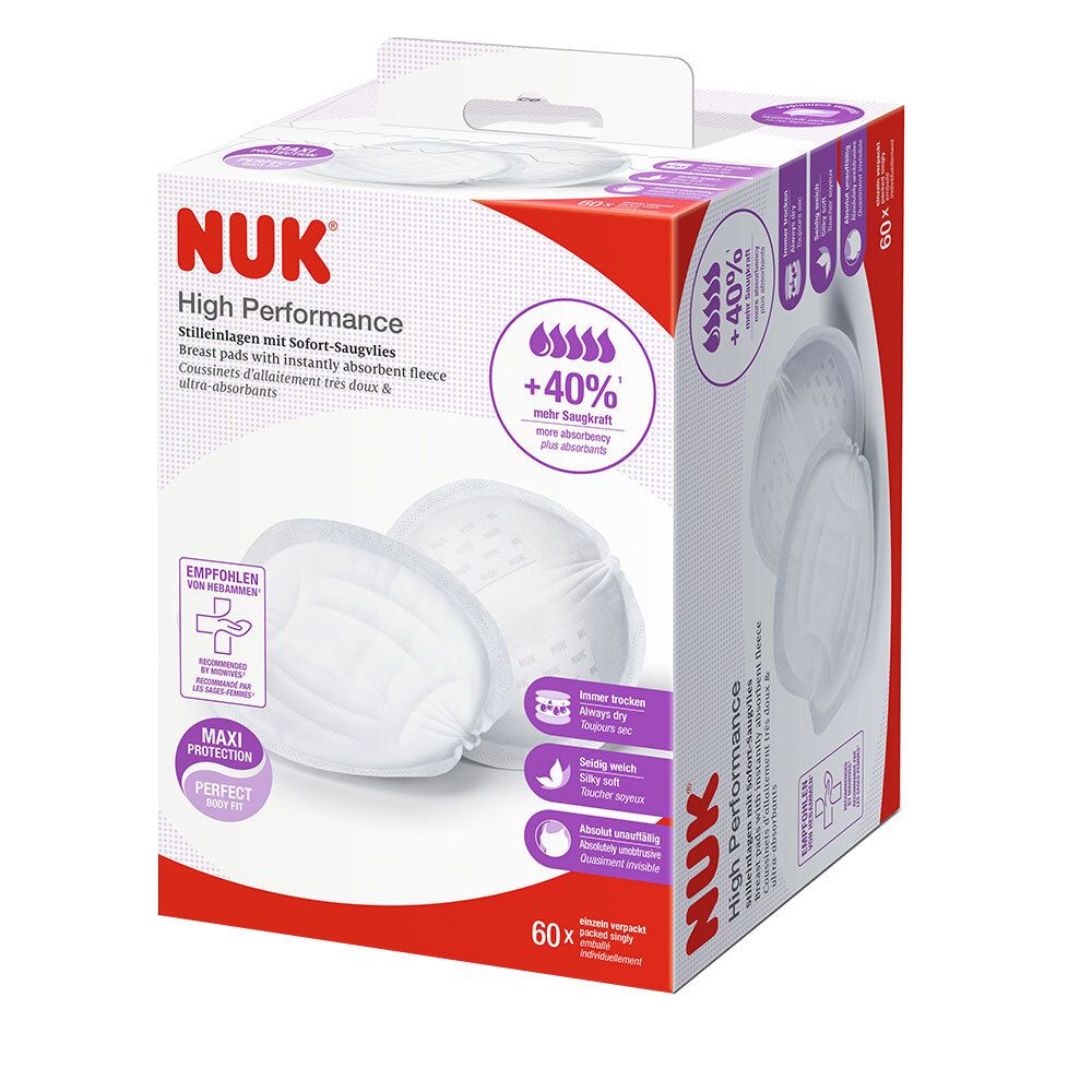 Boîte de coussinets d'allaitement NUK High Performance. 60 unités. Coussinets blancs ronds avec polaire absorbante. Informations imprimées.