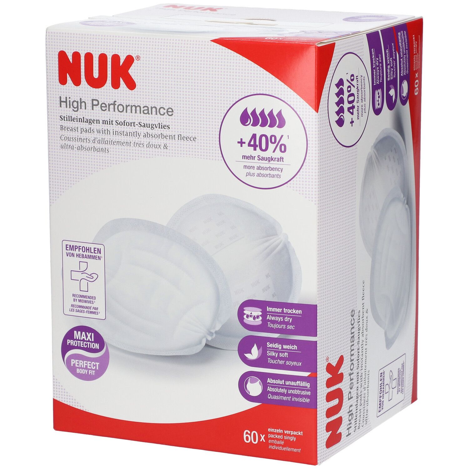 Boîte de coussinets d'allaitement NUK High Performance. 60 unités. Coussinets blancs ronds avec polaire absorbante. Informations imprimées.