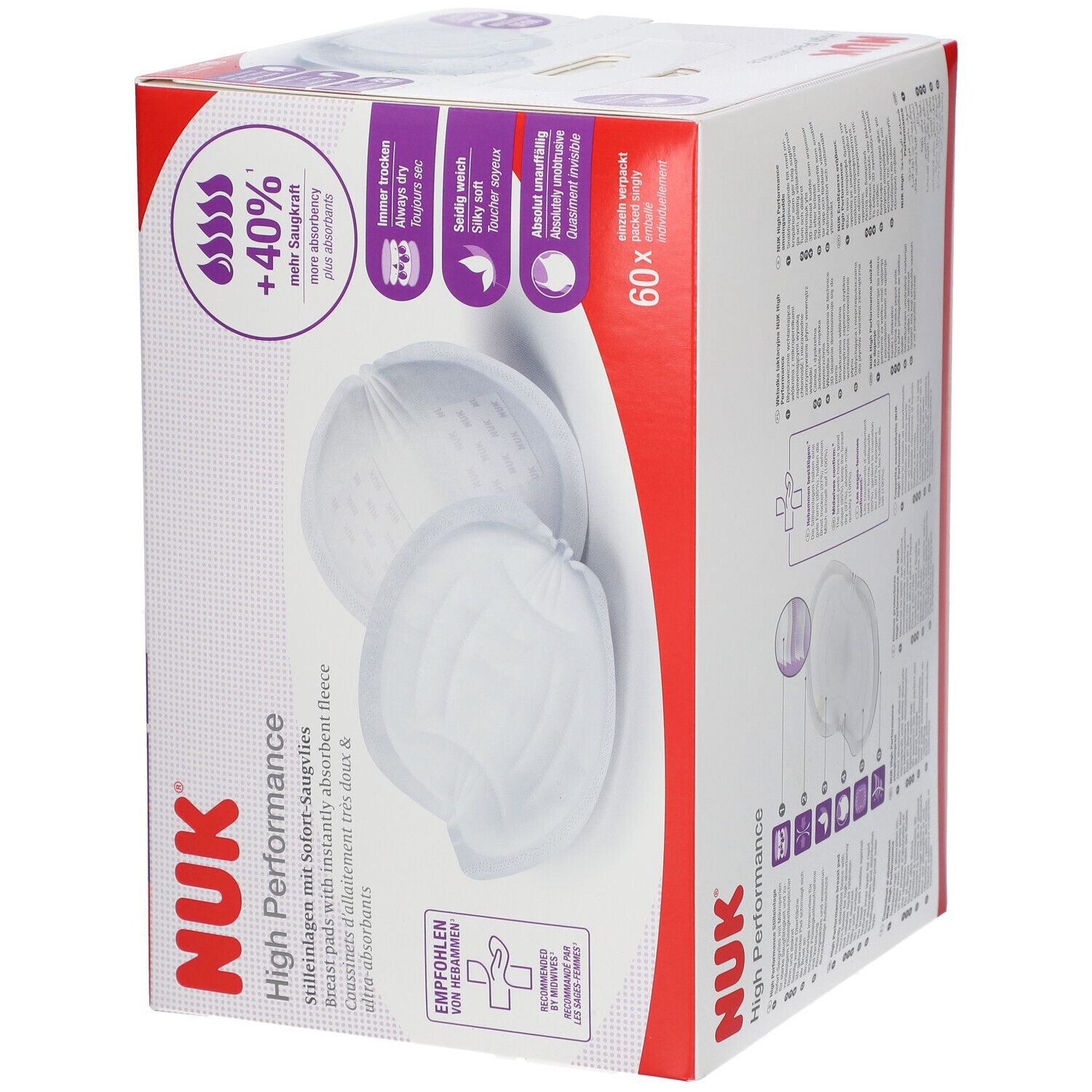 Boîte de coussinets d'allaitement NUK High Performance. 60 unités. Coussinets blancs ronds avec polaire absorbante. Informations imprimées.