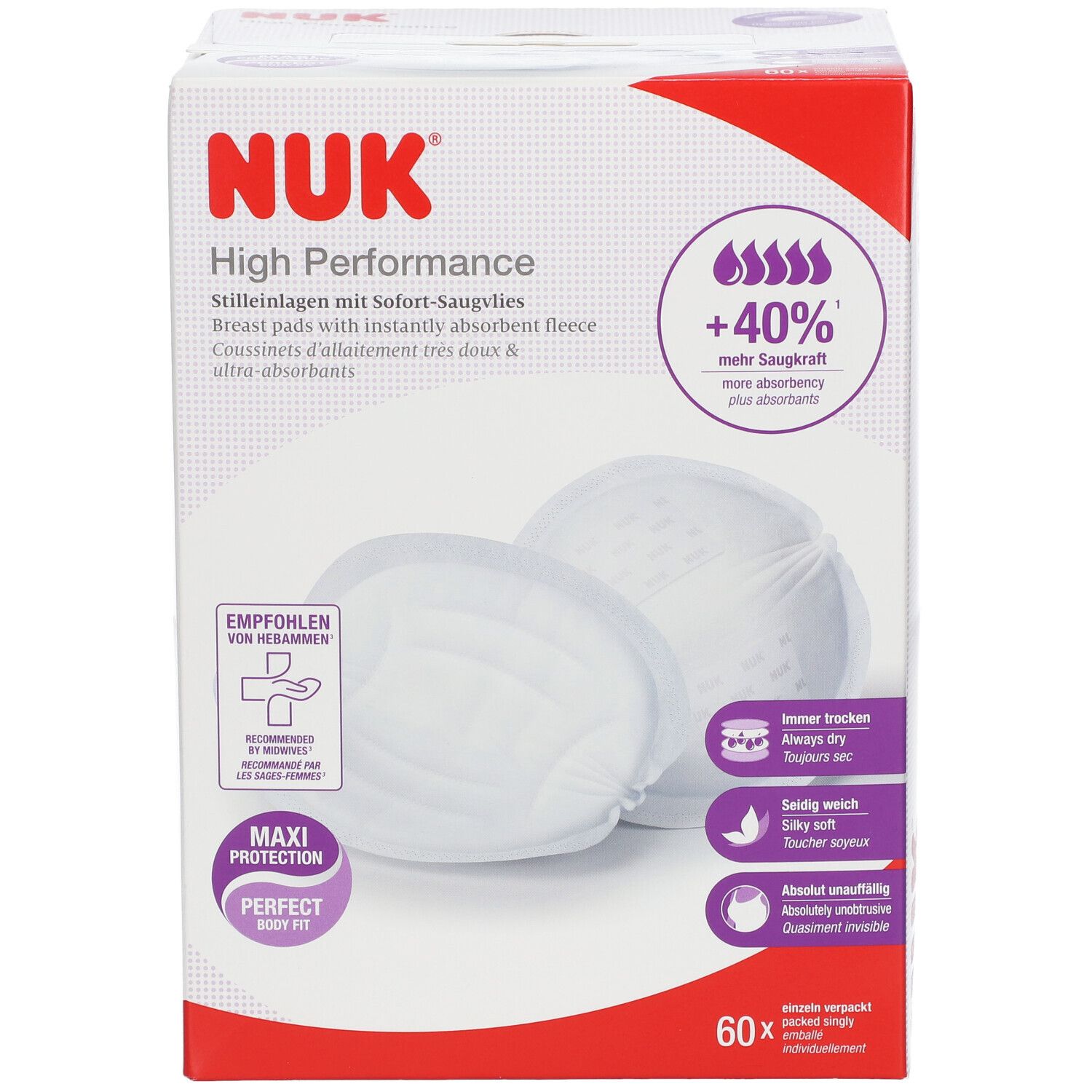 Boîte de coussinets d'allaitement NUK High Performance. 60 unités. Coussinets blancs ronds avec polaire absorbante. Informations imprimées.