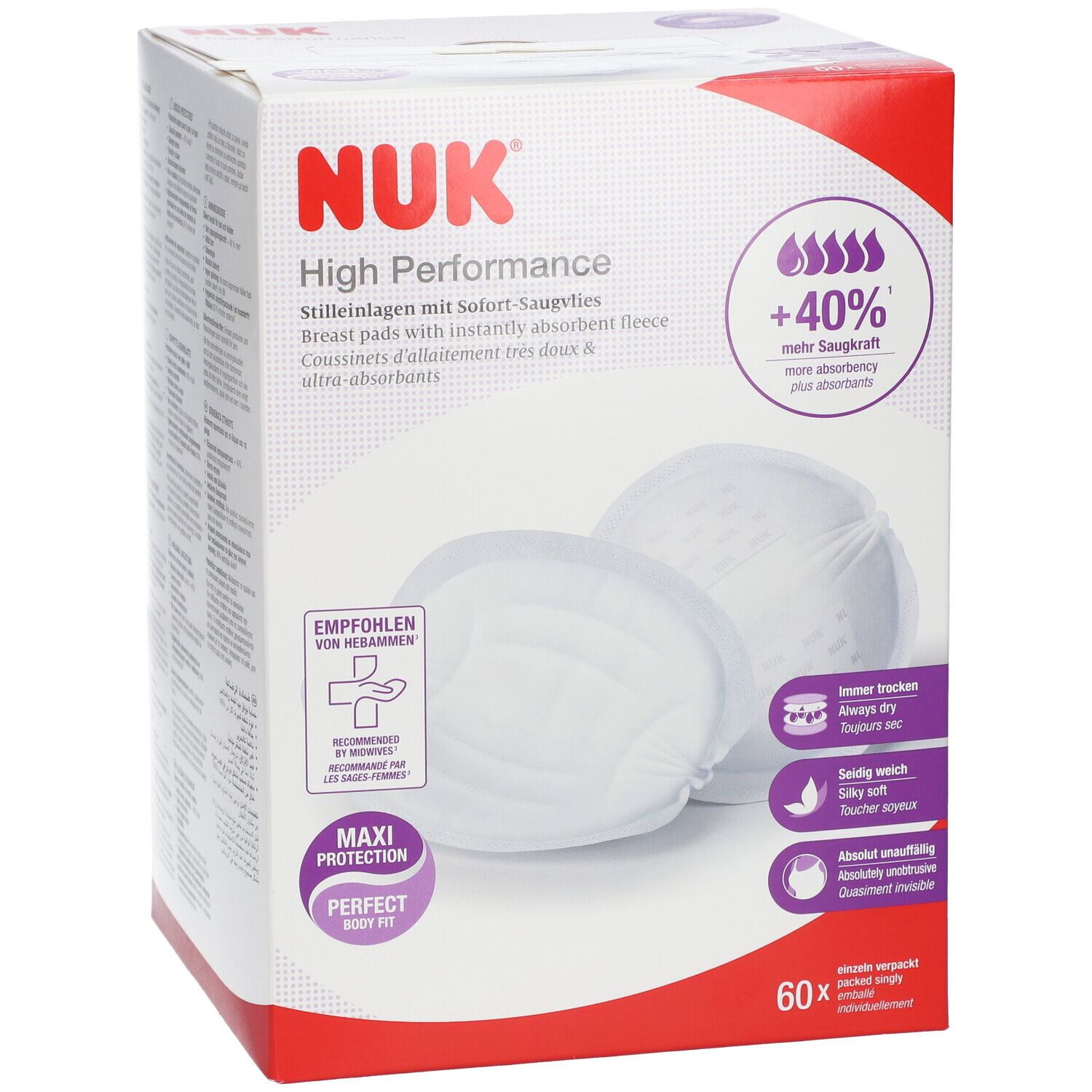 Boîte de coussinets d'allaitement NUK High Performance. 60 unités. Coussinets blancs ronds avec polaire absorbante. Informations imprimées.
