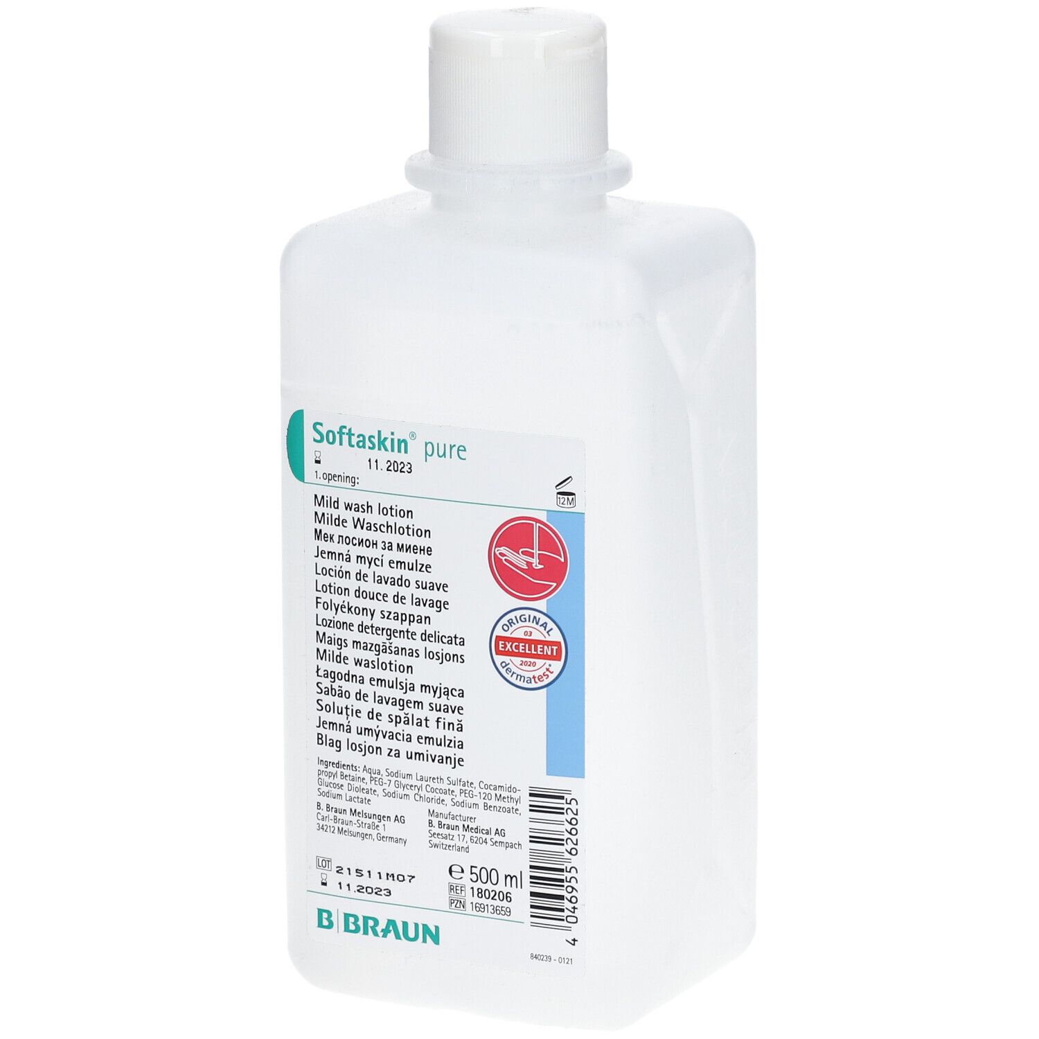 Flacon blanc avec étiquette verte. Inscription : Softaskin pure, lotion lavante douce. Avec sceau rouge et logo B. Braun. 500 ml.