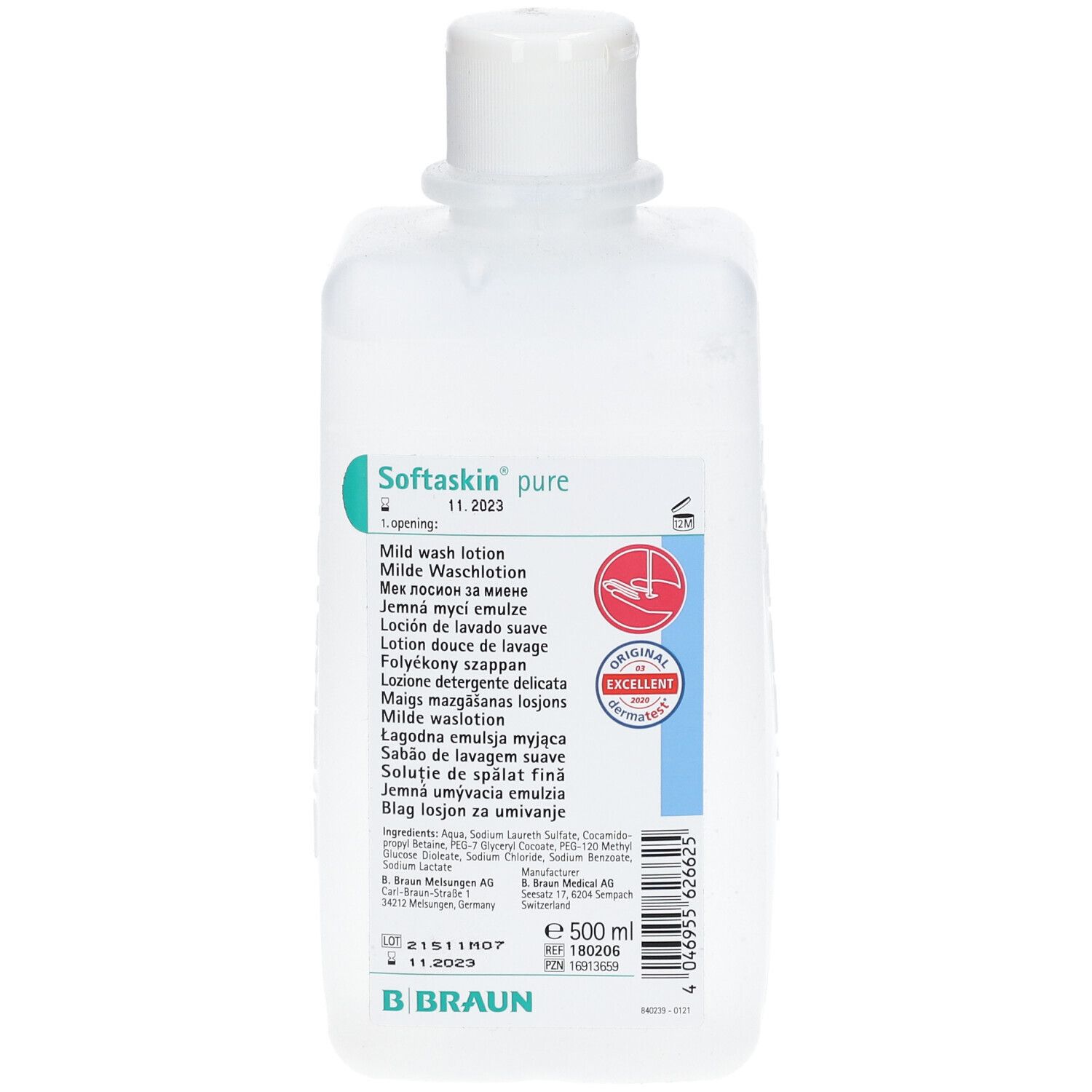 Flacon blanc avec étiquette verte. Inscription : Softaskin pure, lotion lavante douce. Avec sceau rouge et logo B. Braun. 500 ml.