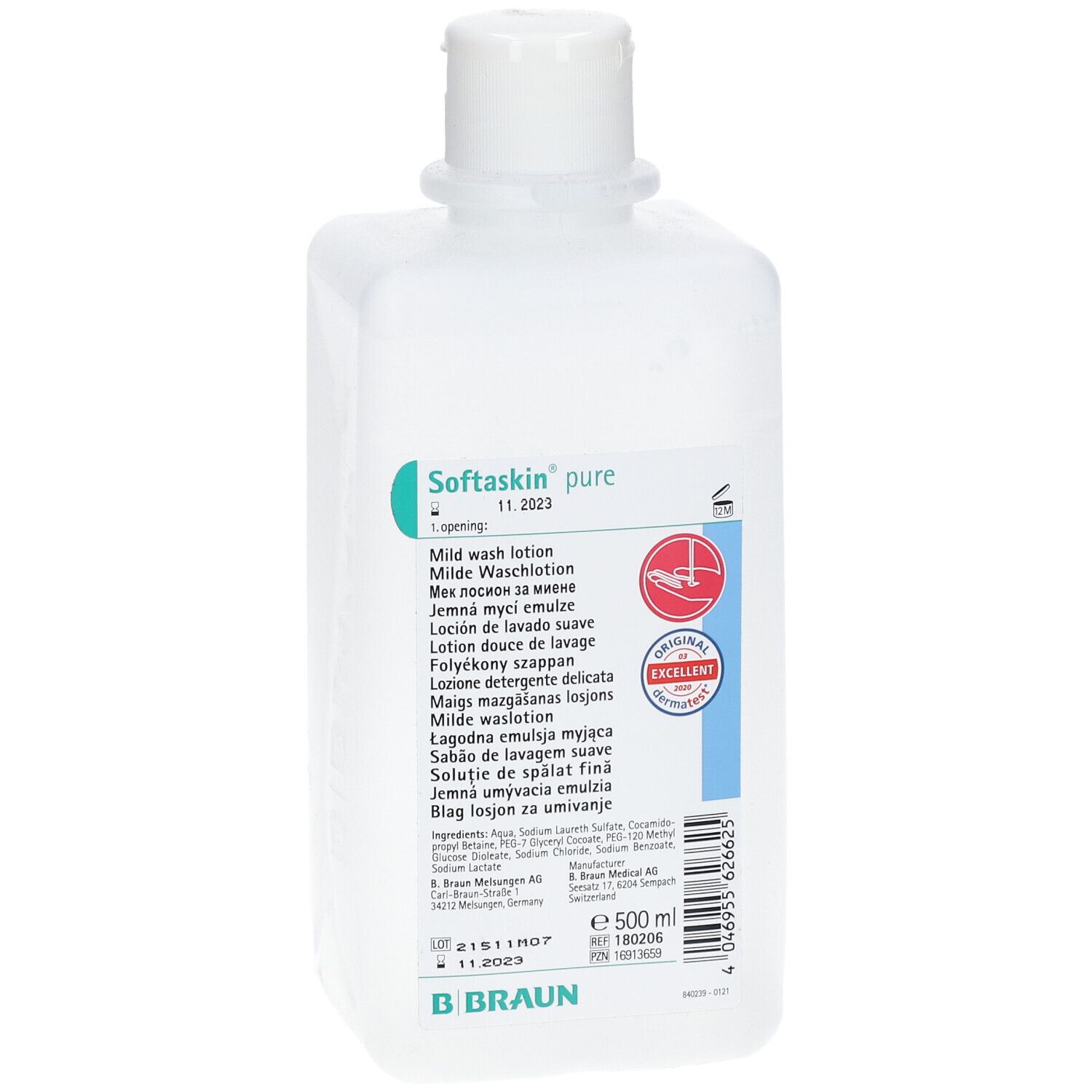 Flacon blanc avec étiquette verte. Inscription : Softaskin pure, lotion lavante douce. Avec sceau rouge et logo B. Braun. 500 ml.