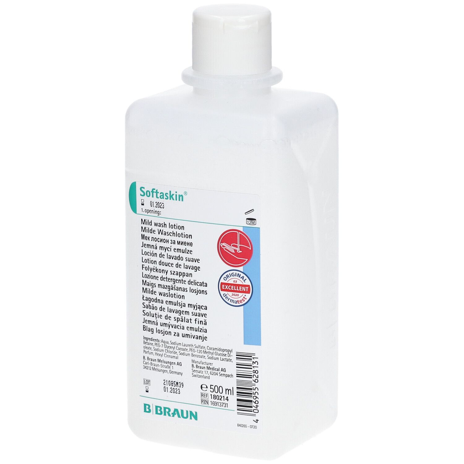 Flacon blanc de Softaskin Milde Waschlotion. Étiquette avec informations produit et certifications. Sceau Original Excellent.
