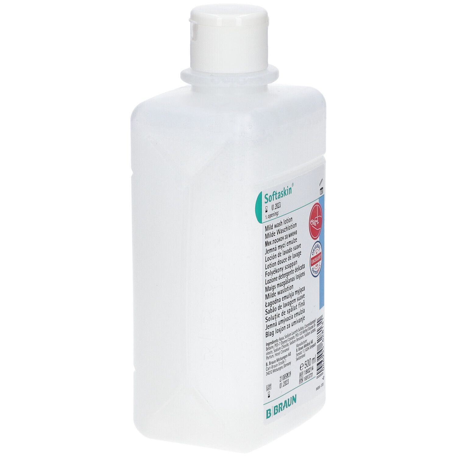 Flacon blanc Softaskin Milde Waschlotion, en biais. Étiquette avec informations produit et certifications. Sceau Original Excellent.