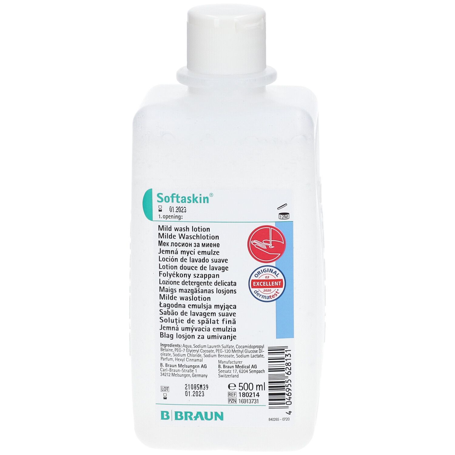 Flacon blanc Softaskin Milde Waschlotion. Étiquette avec informations produit, certifications et ingrédients. 500 ml.