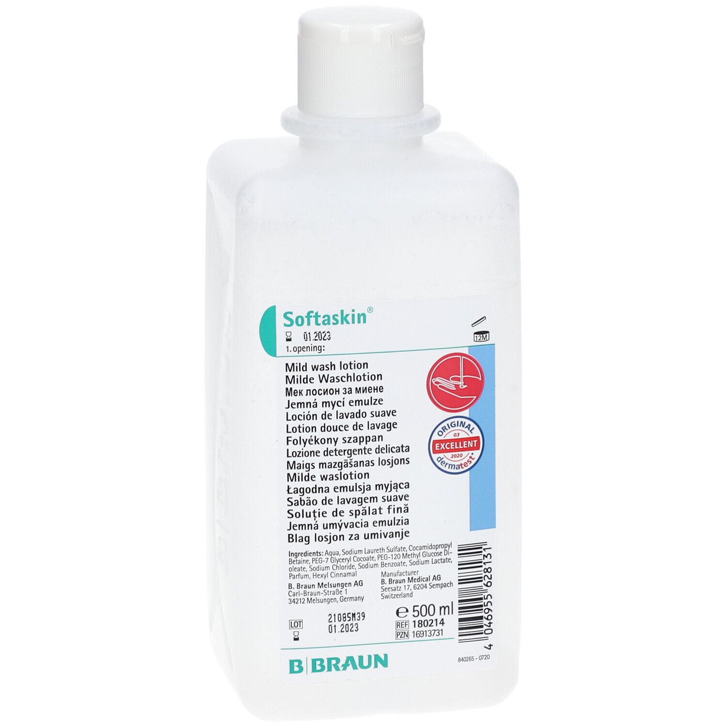 Flacon blanc Softaskin Milde Waschlotion. Étiquette avec informations produit, certifications et ingrédients. 500 ml.
