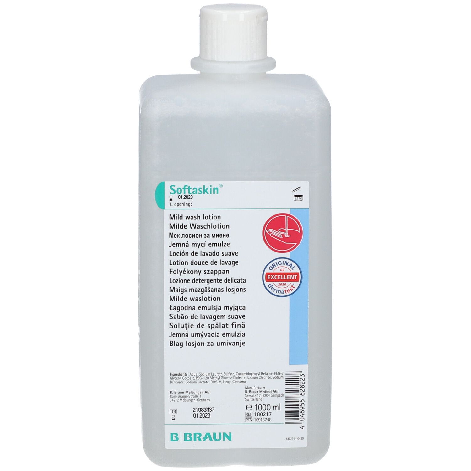 Flacon transparent avec bouchon blanc. Inscription : Softaskin Milde Waschlotion. Sceau : Original Excellent.