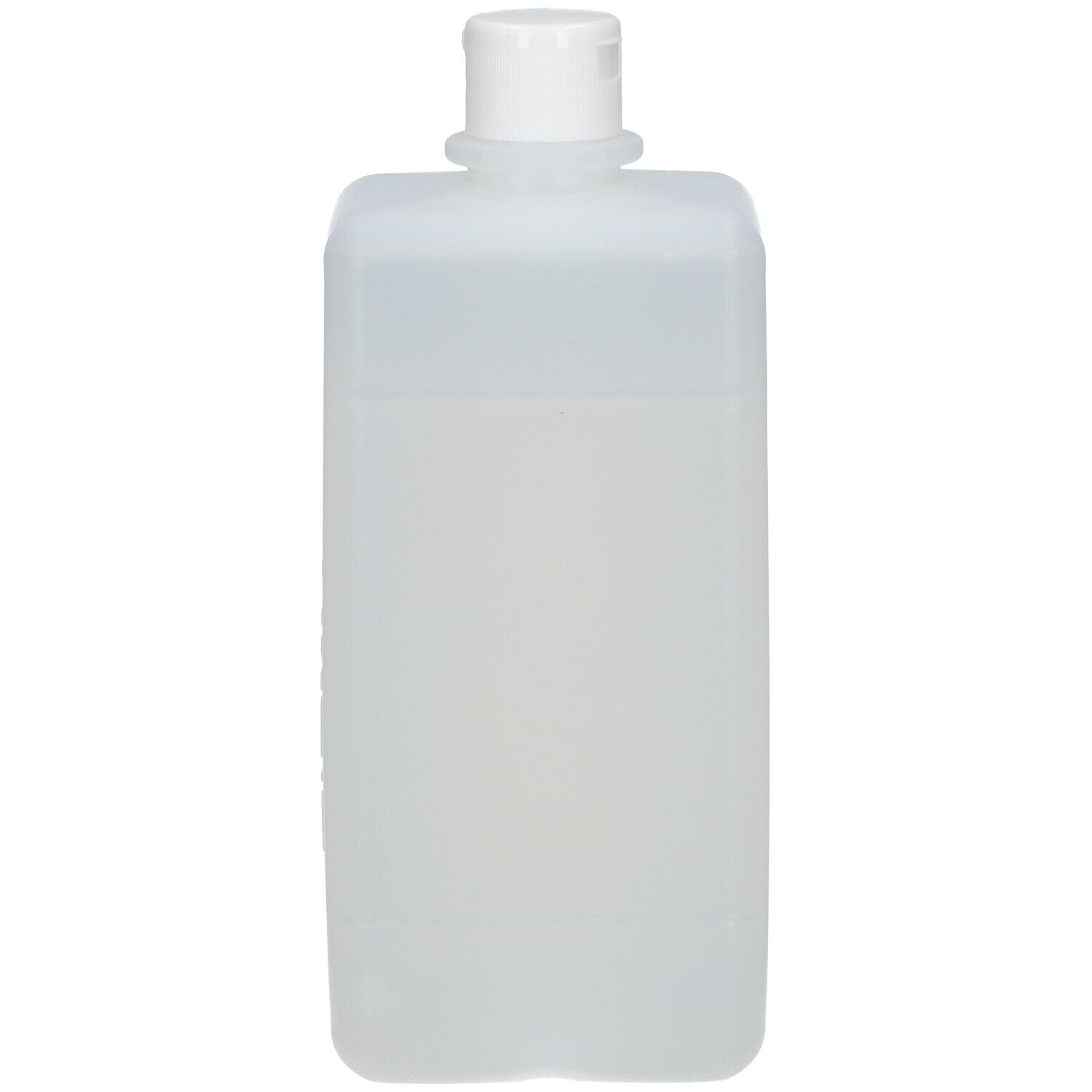 Flacon transparent rectangulaire avec bouchon blanc rabattable.