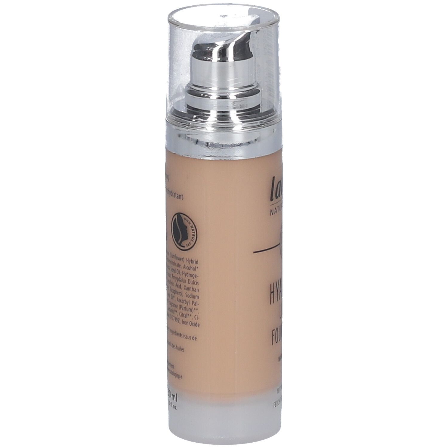 Fond de teint liquide lavera. Flacon beige avec pompe. Label vegan et liste des ingrédients au dos.