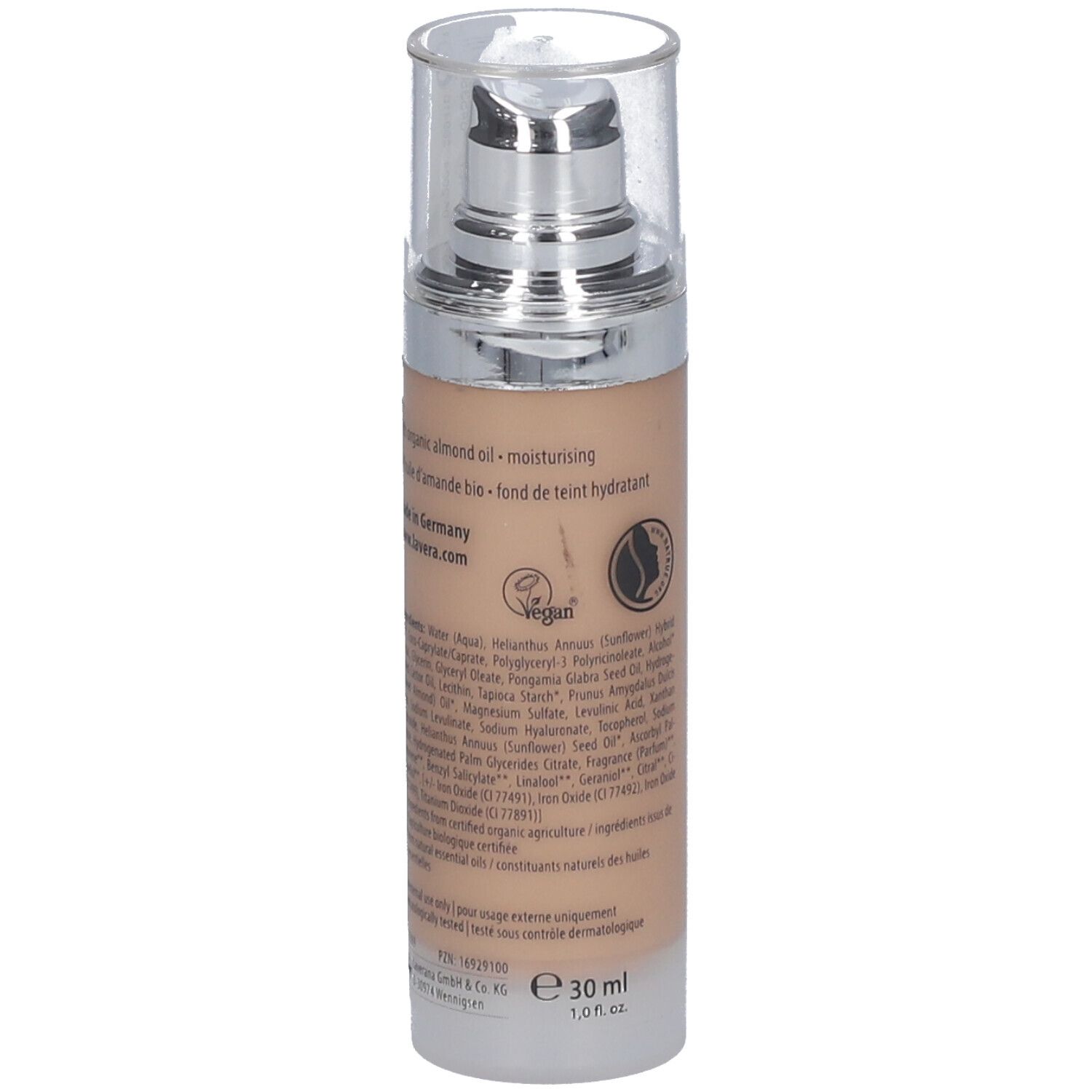 Fond de teint liquide lavera. Dos du flacon avec ingrédients et label vegan. Volume: 30 ml.