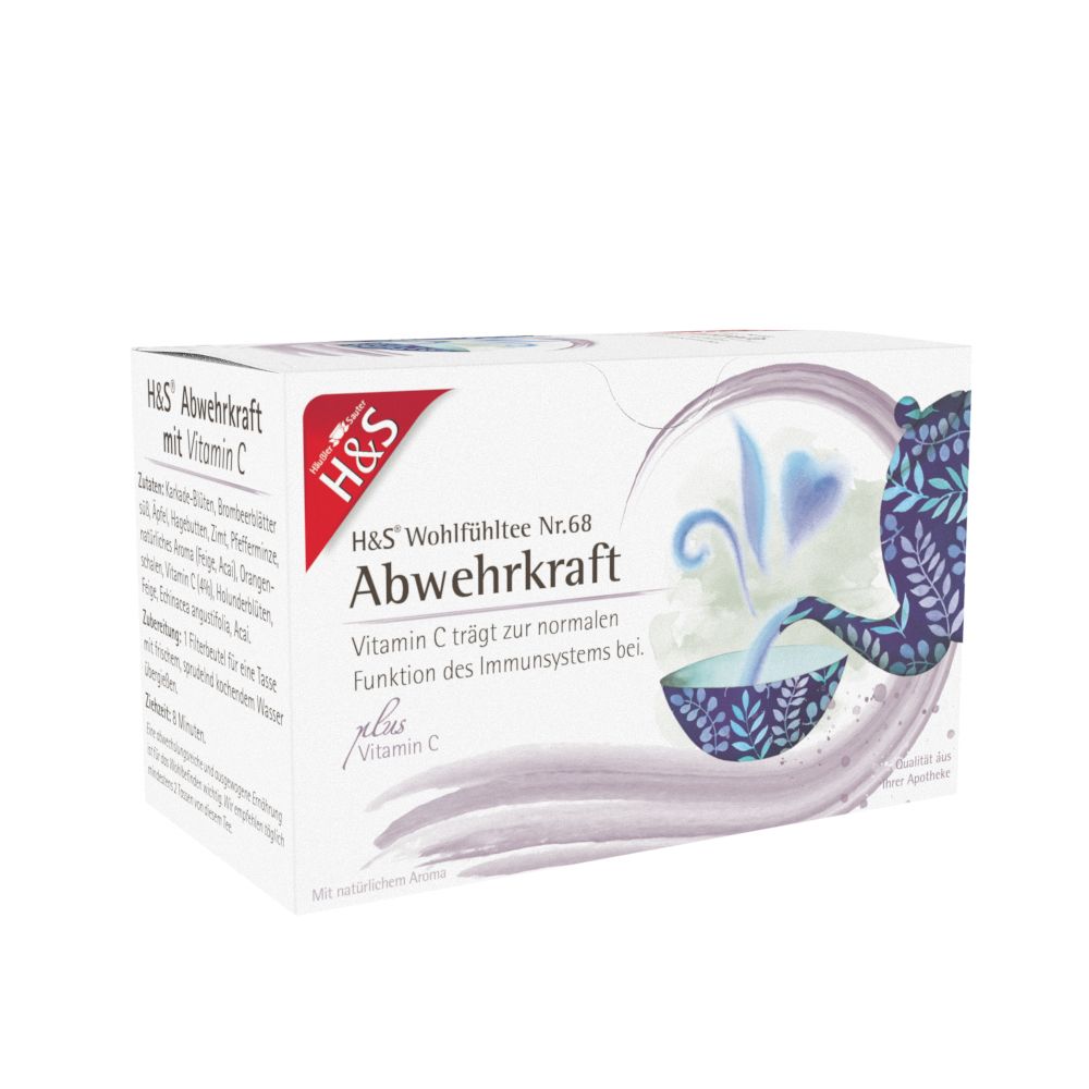 Boîte de thé H&S Abwehrkraft avec Vitamine C, face avant avec liste des ingrédients.