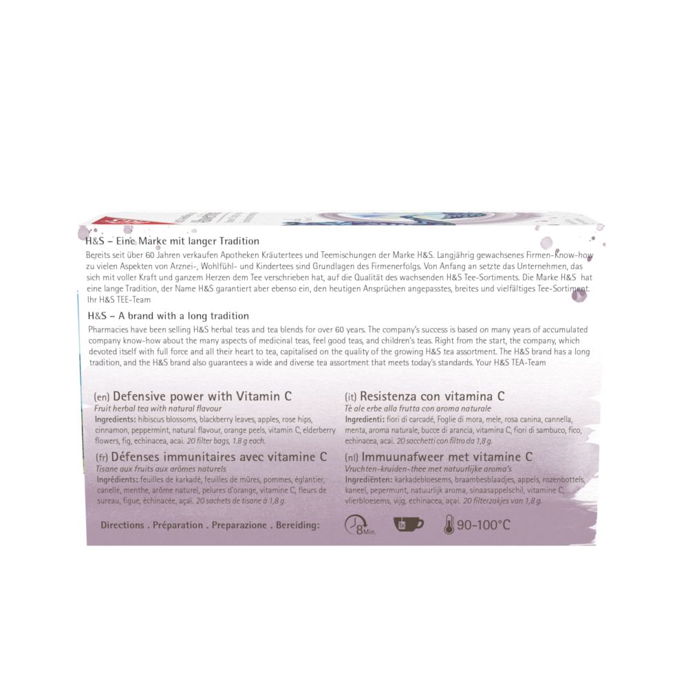 Dos de la boîte de thé H&S Abwehrkraft avec Vitamine C, informations produit.