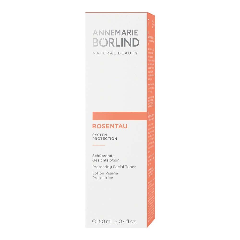 Emballage blanc avec des accents roses. Inscription : ANNEMARIE BÖRLIND, ROSENTAU, Lotion visage protectrice.