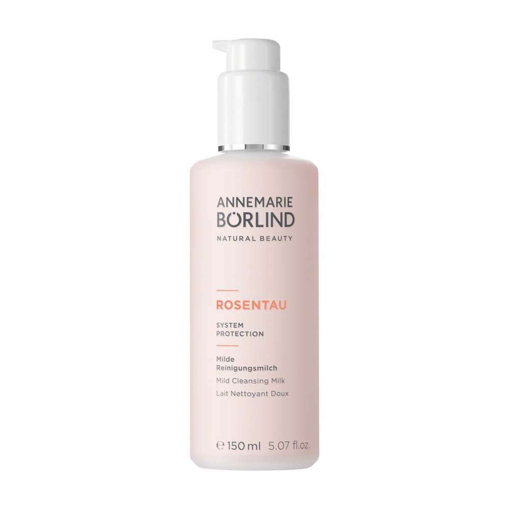 Flacon rose avec pompe. Texte : ANNEMARIE BÖRLIND, ROSENTAU, Lait Nettoyant Doux. 150 ml.