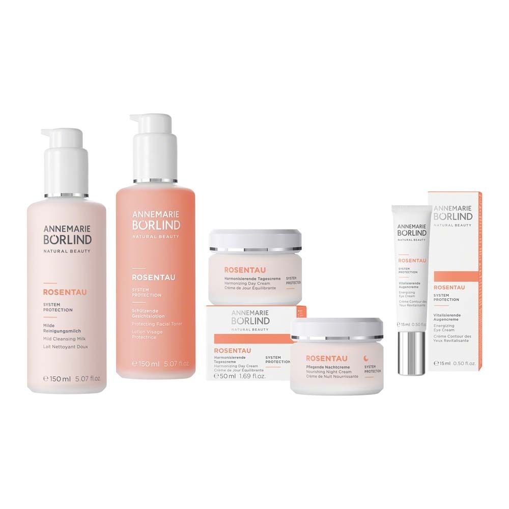 Gamme de produits ROSENTAU. Flacons, pots et tube. Texte : ANNEMARIE BÖRLIND.