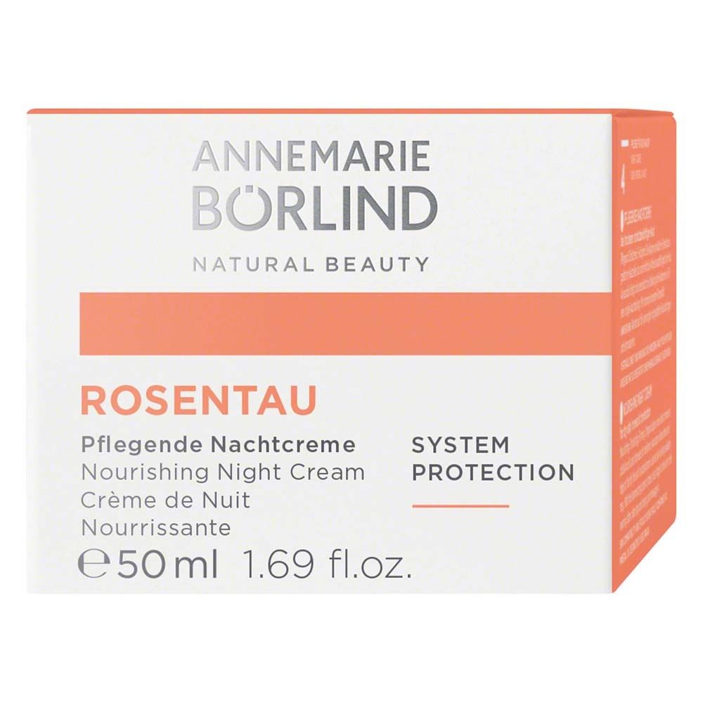 Boîte avec texte: ANNEMARIE BÖRLIND, ROSENTAU, Pflegende Nachtcreme, Nourishing Night Cream, Crème de Nuit Nourrissante.