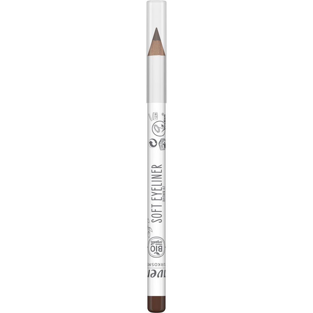 Crayon eyeliner brun avec corps blanc et capuchon transparent. Inscription: Soft Eyeliner, label bio.