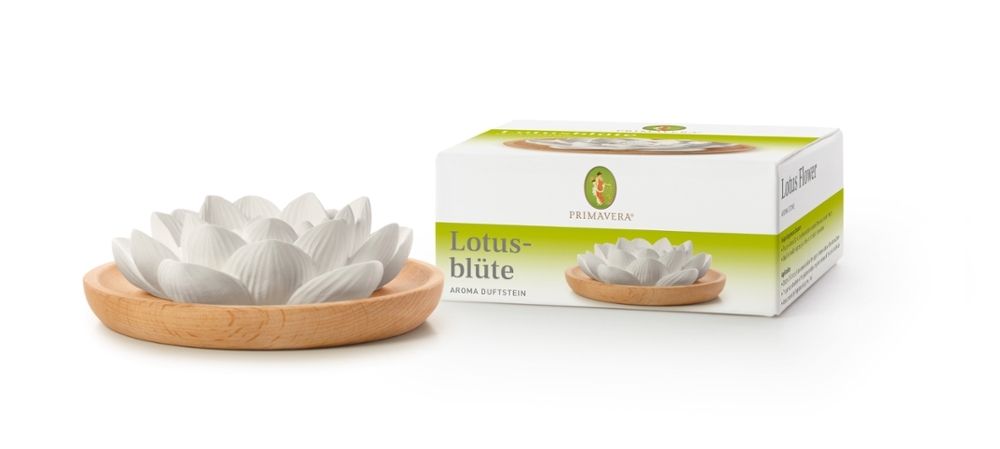 Pierre olfactive Lotusblüte et emballage. Pierre blanche en forme de fleur de lotus. Logo Primavera.