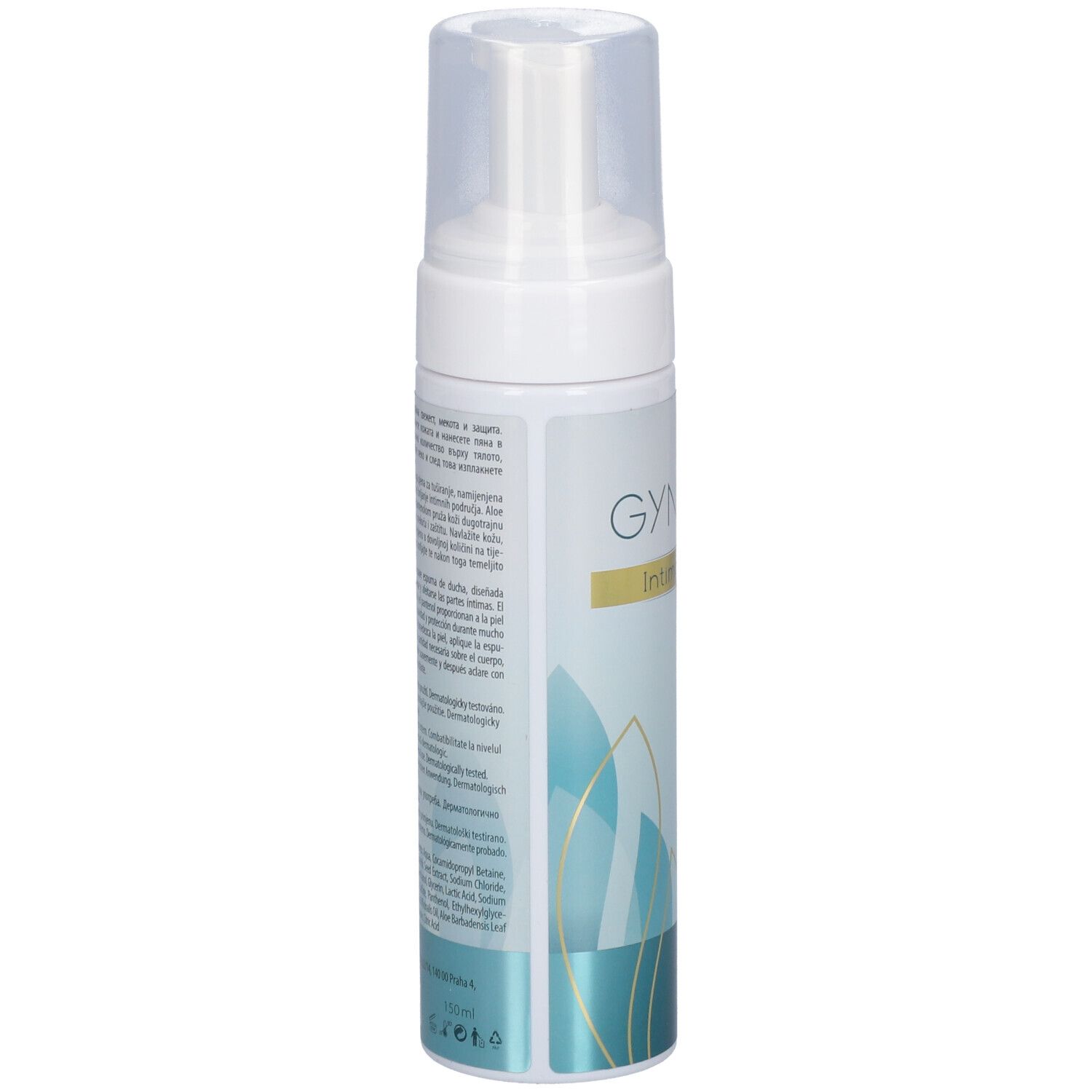 Flacon blanc avec pompe. Texte au dos. Inscription GYNELLA Intimate Foam. Graphique turquoise et blanc.