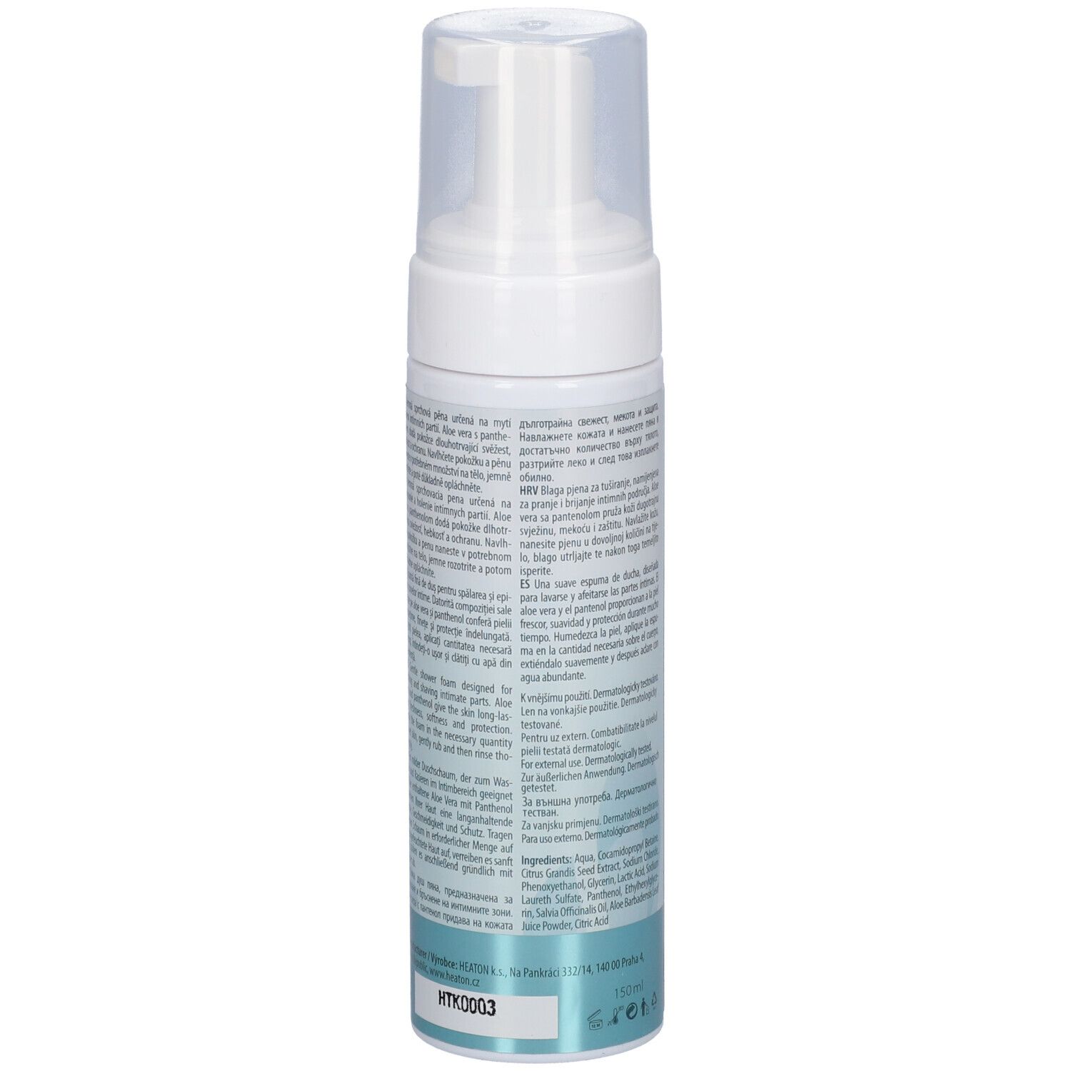 Flacon blanc avec pompe. Texte au dos. Inscription GYNELLA Intimate Foam. Graphique turquoise et blanc.