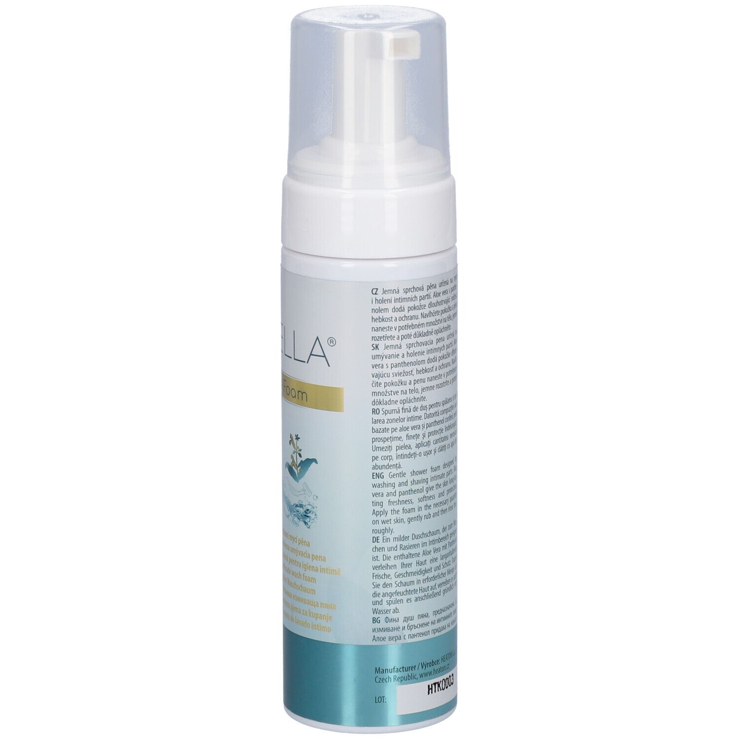 Flacon blanc avec pompe. Texte au dos. Inscription GYNELLA Intimate Foam. Graphique turquoise et blanc.