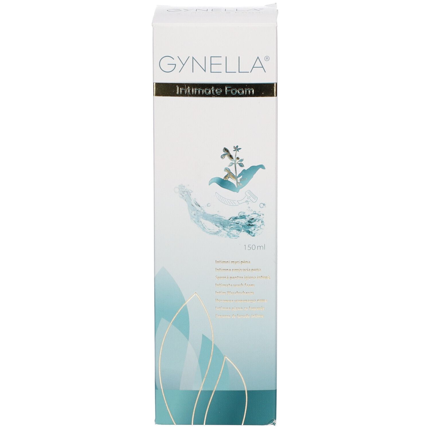 Emballage du produit. Inscription GYNELLA Intimate Foam. Graphique turquoise et blanc. 150ml.