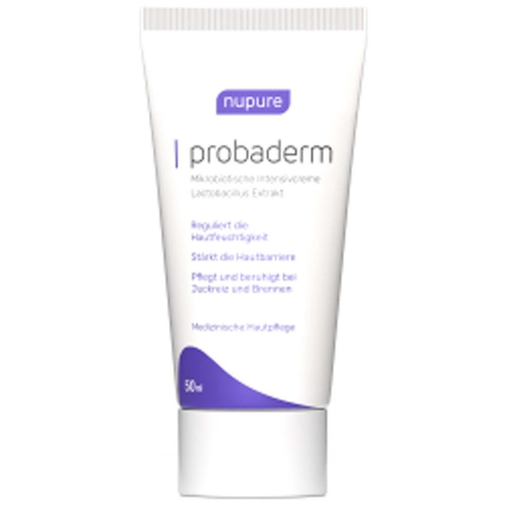 Tube et boîte pliante. Inscription : nupure probaderm, Crème intensive microbiotique. Soin médical de la peau.
